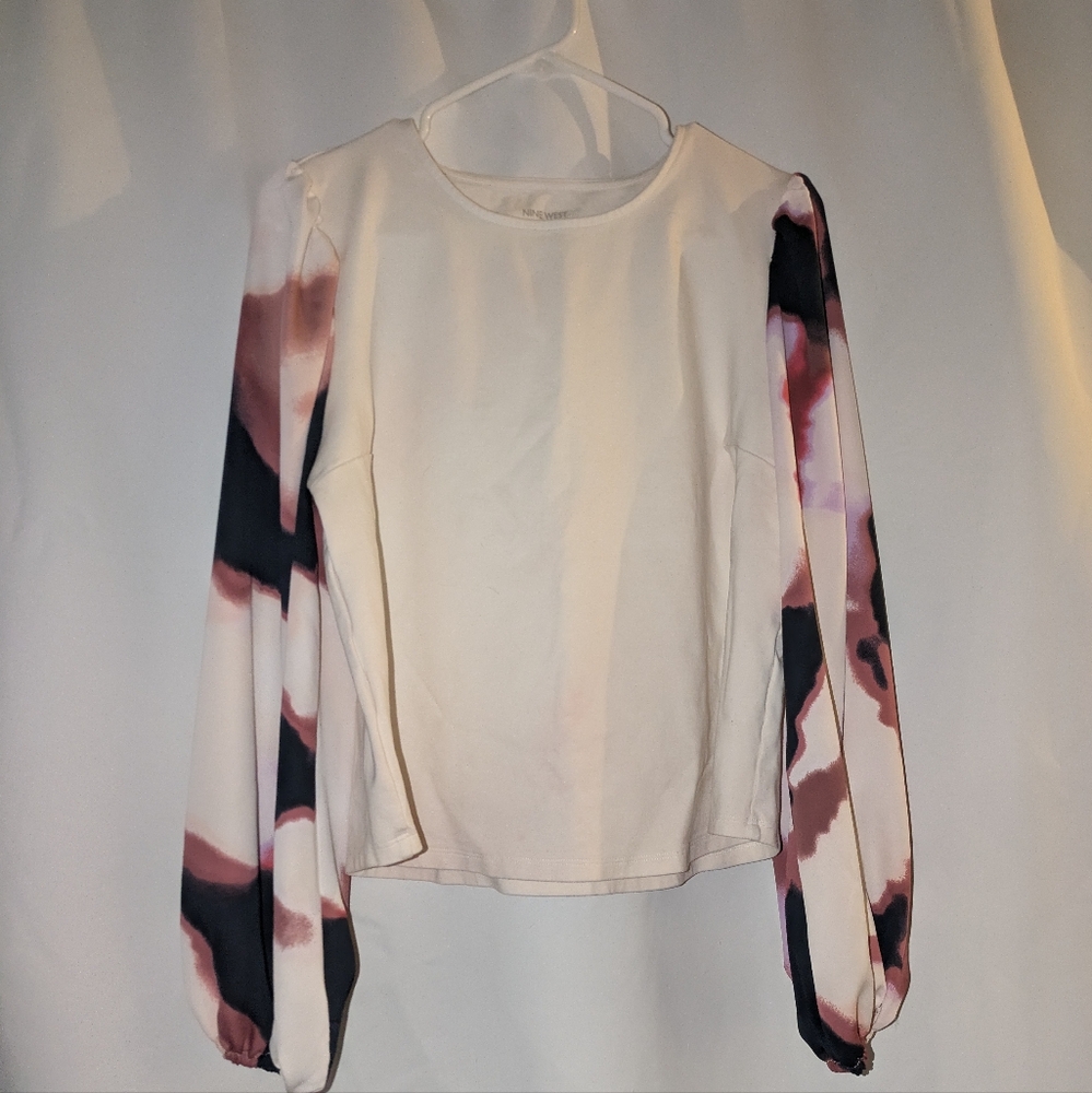 Nine West Cream Blouse with Pink and Black Patterned Sleeves